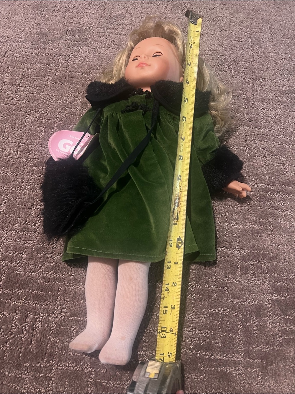 Vintage Götz Doll Blonde Hair Green Velvet Dress w/ Faux Fur Trim Germany - Picture 12 of 12